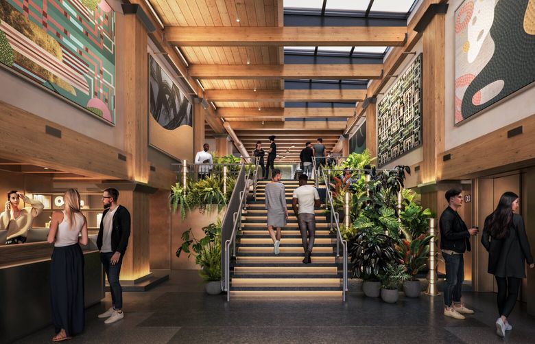 A computer rendering of Hotel Westland’s lobby. The hotel, which is expected to open in summer 2024, would be Seattle’s first carbon-positive hotel.