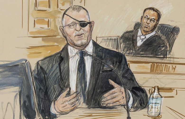 FILE – This artist sketch depicts the trial of Oath Keepers leader Stewart Rhodes, left, as he testifies before U.S. District Judge Amit Mehta on charges of seditious conspiracy in the Jan. 6, 2021, attack on the U.S. Capitol, in Washington, Nov. 7, 2022. Rhodes and members of his antigovernment group will be the first Jan. 6 defendants sentenced for seditious conspiracy in a series of hearings beginning this week that will set the standard for more punishments of far-right extremists to follow. (Dana Verkouteren via AP, File) WX203 WX203