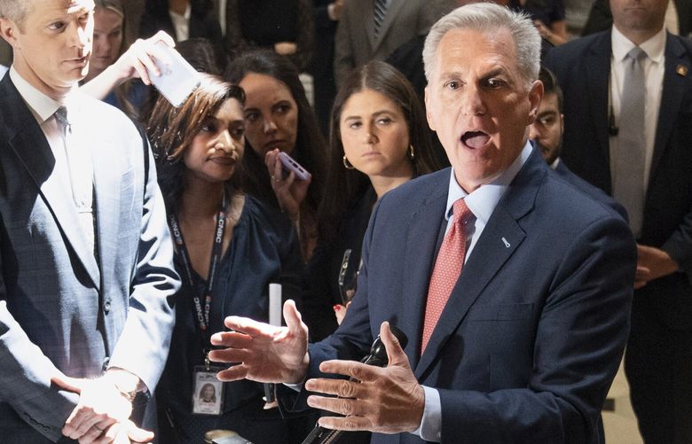 House Speaker Kevin McCarthy of Calif., speaks to reporters about debt limit negotiations, Wednesday, May 24, 2023, on Capitol Hill in Washington. (AP Photo/Jacquelyn Martin) DCJM101 DCJM101
