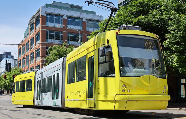 A City of Seattle street car makes it’s route through the South Lake Union neighborhood of Seattle, Washington Tuesday afternoon on May 23, 2023.