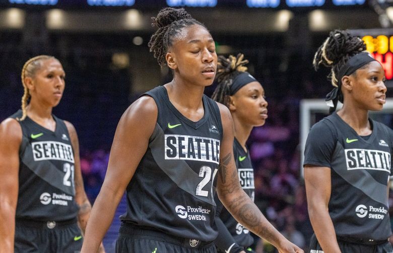 The Seattle Storm make their way to the bench for a timeout against the Las Vegas’ Aces Saturday afternoon at the Climate Pledge Arena in Seattle, Washington on May 20, 2023. The Storm lost 105-64 in the season opener against the Aces.