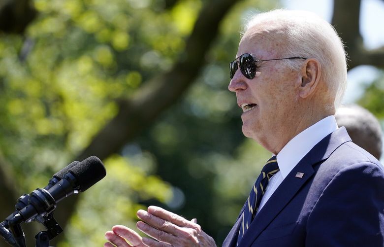 President Joe Biden speaks in the Rose Garden of the White House in Washington, Thursday, May 25, 2023, on his intent to nominate U.S. Air Force Chief of Staff Gen. CQ Brown, Jr., to serve as the next Chairman of the Joint Chiefs of Staff. (AP Photo/Evan Vucci) DCEV420 DCEV420