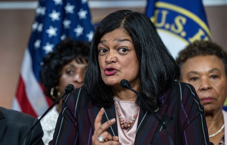 Rep. Pramila Jayapal (D-Wash.) speaks during a press conference held by members of the Congressional Progressive Caucus as negotiations over increasing the debt limit continue, on Capitol Hill in Washington on Wednesday, May 24, 2023, as Rep. Jerrold Nadler (D-N.Y.), left, looks on. (Haiyun Jiang/The New York Times) XNYT0849 XNYT0849