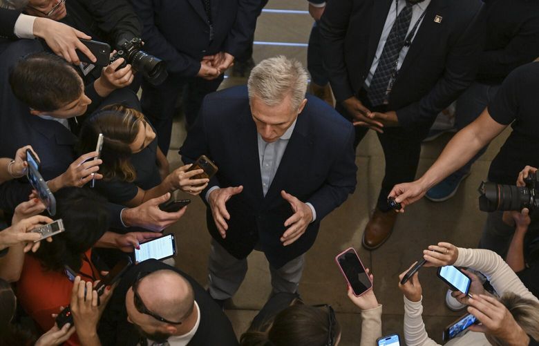House Speaker Kevin McCarthy (R-Calif.) speaks to reporters as negotiations continue over the debt limit on Capitol Hill in Washington, May 26, 2023. (Kenny Holston/The New York Times) XNYT0218 XNYT0218