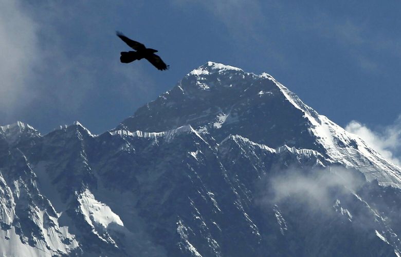 FILE – A bird flies with Mount Everest seen in the background from Namche Bajar, Solukhumbu district, Nepal, May 27, 2019. As the mountaineering community prepare to celebrate the 70 anniversary of the conquest of Mount Everest, there is rising concern about the glacier and snow is melting, the temperature is rising and weather is getting harsh and unpredictable on world’s highest mountain. (AP Photo/Niranjan Shrestha, File)