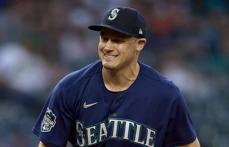 Seattle Mariners closing pitcher reacts after striking out Oakland Athletics’ Esteury Ruiz during the ninth inning of a baseball game, Thursday, May 25, 2023, in Seattle. (AP Photo/John Froschauer) OTK OTK
