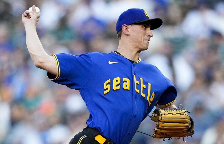 Seattle Mariners starting pitcher George Kirby throws to a Pittsburgh Pirates batter during the first inning of a baseball game Friday, May 26, 2023, in Seattle. (AP Photo/Lindsey Wasson) WALW105 WALW105