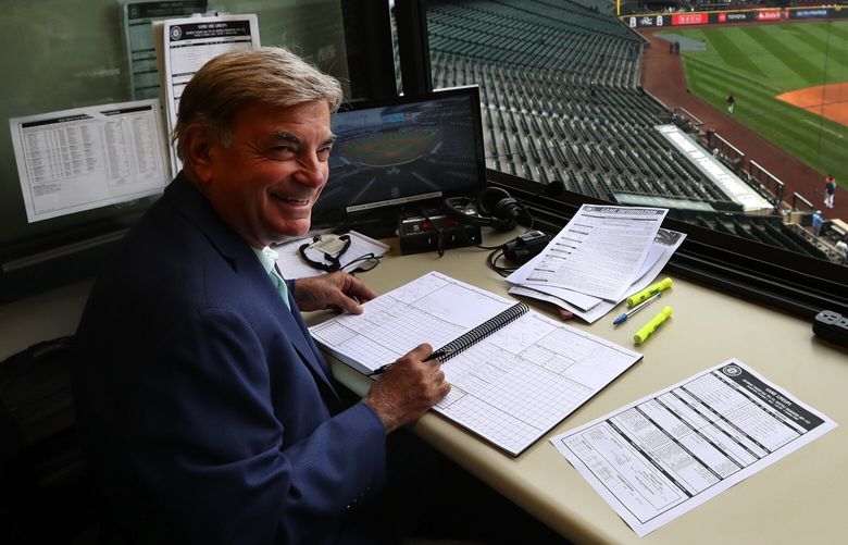 Mariners broadcaster Rick Rizzs before calling the last game of the regular season against the Tigers, Wednesday, Oct. 5, 2022 in Seattle.