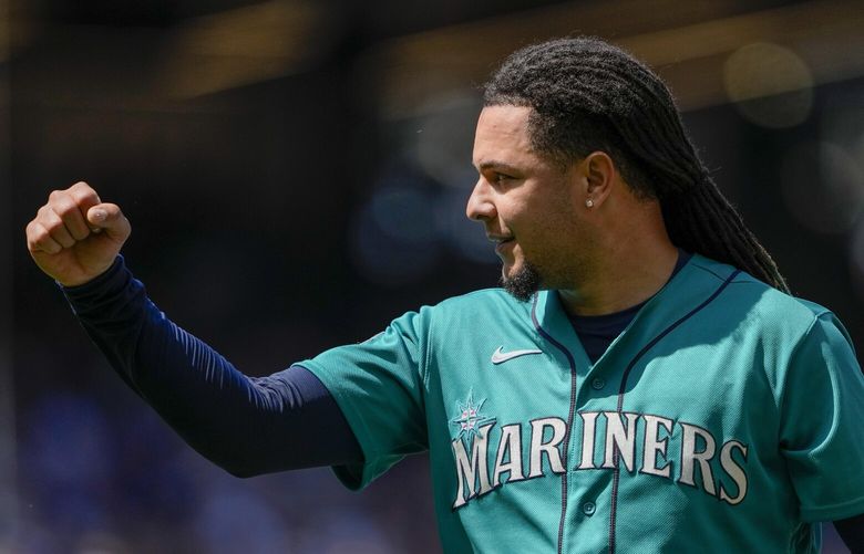 Seattle Mariners starting pitcher Luis Castillo reacts after pitching against the Pittsburgh Pirates during the fifth inning of a baseball game Saturday, May 27, 2023, in Seattle. (AP Photo/Lindsey Wasson) WALW118 WALW118