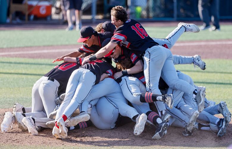 Lincoln players dog pile at the mound as they celebrate their 6-3 win over Lake Washington for the 3A state championship. 223894
