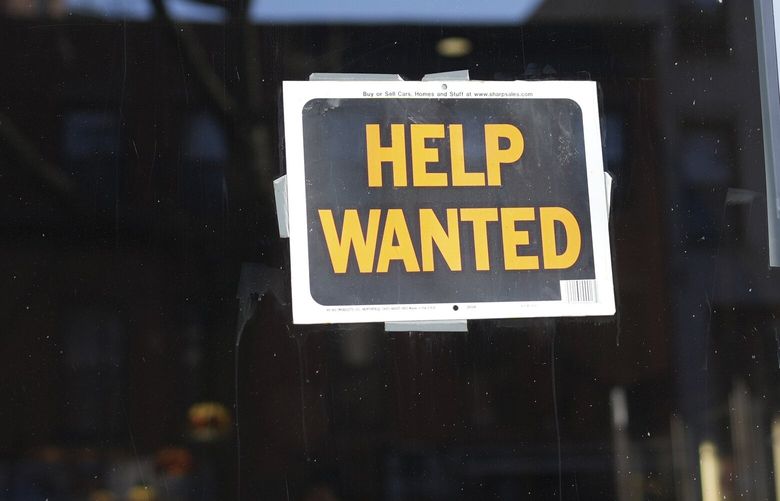 FILE — A bagel shop in Brooklyn advertising that it has positions to fill, on April 13, 2023. After three consecutive months of declines, job openings jumped in April, reaching 10.1 million, the Labor Department reported on May 31, 2023. (Earl Wilson/The New York Times)