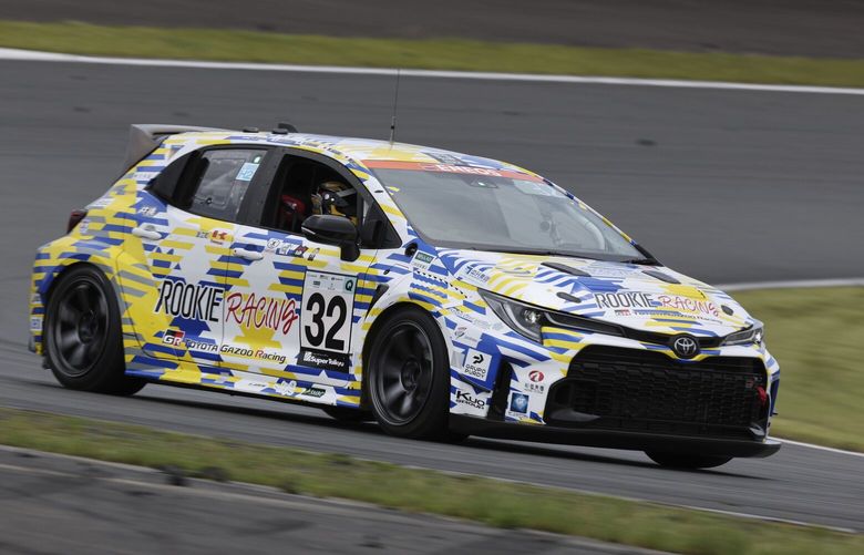 Toyota’s Corolla racing car powered by liquid hydrogen runs on the racing course during a 24-hour race at Fuji International Speedway in Oyama town, some 100 kilometers (62 miles) southwest of Tokyo, Sunday, May 28, 2023. The hydrogen-fueled Corolla has made its racing debut, part of a move to bring the futuristic technology into the racing world and to demonstrate Toyota’s resolve to develop green vehicles. (Toyota Motor Corp. via AP) RPYK801 RPYK801