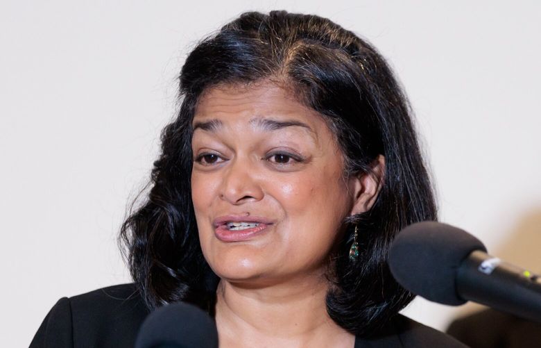 Congresswoman Pramila Jayapal speaks at a press conference talking about Seattle and King County’s progress with HUD’s House America Initiative in Seattle Friday, Dec. 9, 2022. 222395