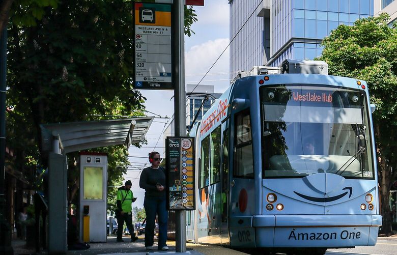 A City of Seattle street car makes it’s route through the South Lake Union neighborhood of Seattle, Washington Tuesday afternoon on May 23, 2023.