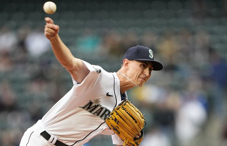 Seattle Mariners starting pitcher George Kirby throws to a New York Yankees batter during the first inning of a baseball game Wednesday, May 31, 2023, in Seattle. (AP Photo/Lindsey Wasson)
