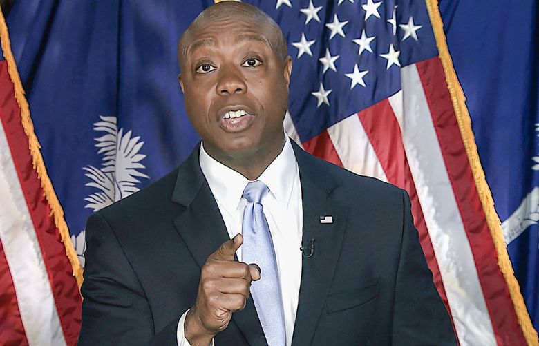 In this image from Senate Television video, Sen. Tim Scott, R-S.C., delivers the Republican response to President Joe Biden’s speech to a joint session of Congress on Wednesday, April 28, 2021, in Washington. (Senate Television via AP) WX902