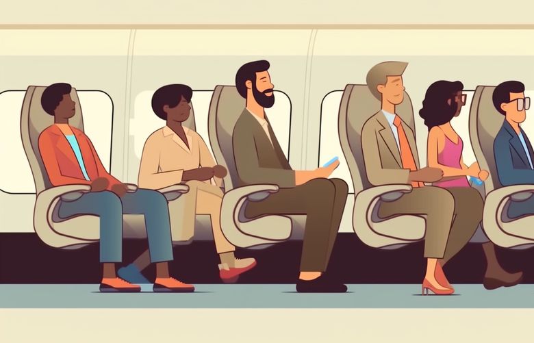 An illustration of six passengers seated in four rows of airplane seats.