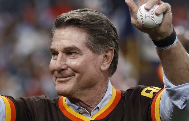 FILE – Former San Diego Padres Steve Garvey waves to fans before a baseball game against the St. Louis Cardinals Saturday, June 29, 2019, in San Diego. Garvey, who played in Los Angeles and San Diego, is considering entering California’s 2024 U.S. Senate race as a Republican. (AP Photo/Gregory Bull,File) LA405 LA405