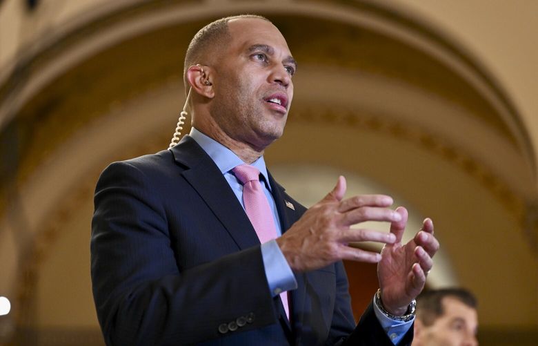 House Minority Leader Hakeem Jeffries (D-N.Y.) during a TV interview as a proposed debt limit bill is voted on Capitol Hill, Washington, on May 31, 2023. (Kenny Holston/The New York Times) XNYT0774 XNYT0774