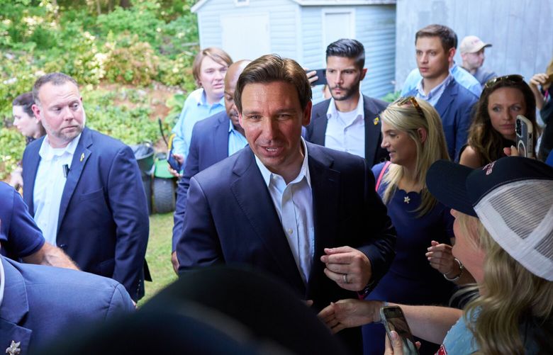 Florida Gov. Ron DeSantis, a Republican presidential hopeful, greets the crowd during a campaign event at the Derry-Salem Elks Lodge in Salem, N.H., June 1, 2023. (David Degner/The New York Times) XNYT0176 XNYT0176