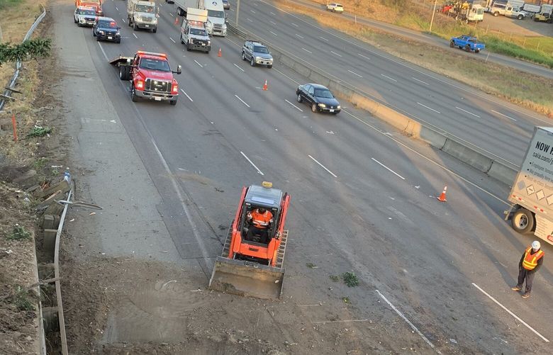 Clean-up operation is in full swing after a semitruck crash blocked northbound Interstate-5 Thursday, June 1, 2023 in Lakewood.