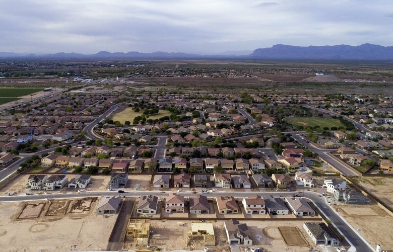 An overview of Queen Creek, Ariz., a suburb of Phoenix, on April 13, 2023. Queen Creek is projected to grow to 175,000 people from its current 75,000 – if it can find enough water. (Rebecca Noble/The New York Times)