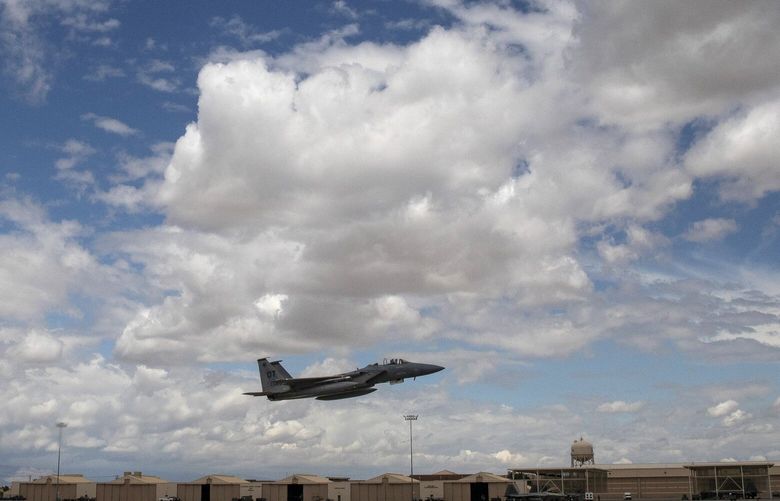 FILE — A military fighter jet takes off at Nellis Air Force Base in Nevada on May 21, 2019. The Defense Department said on Thursday, June 1, 2023, that it would not host drag shows at U.S. military installations after Republican politicians complained about events scheduled on bases to celebrate Pride Month. (Adriana Zehbrauskas/The New York Times)