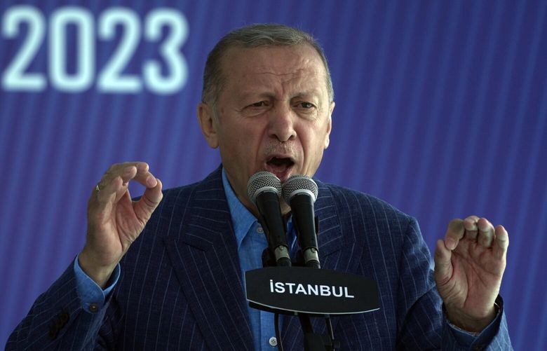 FILE – Turkish President and People’s Alliance’s presidential candidate Recep Tayyip Erdogan, speaks during an election campaign rally in Istanbul, Turkey, Saturday, May 27, 2023. Recep Tayyip Erdogan, 69, takes the oath of office Saturday and starts his third presidential term after scoring another electoral victory last month. Already the longest-serving leader in the republic’s history, Erdogan will now be stretching his rule into a third decade – until 2028 – and possibly even longer with the help of a friendly parliament. (AP Photo/Khalil Hamra, file) KH517 KH517