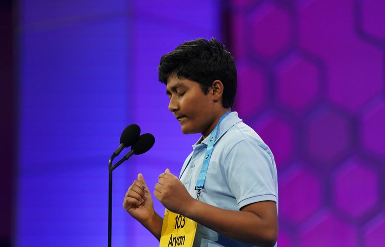 Aryan Khedkar, from Rochester, Hills Mich., competes during the final round of the 95th Scripps National Spelling Bee, in Oxon Hill, Md., on Thursday, June 1, 2023. (Shuran Huang/The New York Times) XNYT0484 XNYT0484