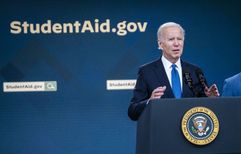  President Joe Biden speaks about student debt relief at the White House, Oct. 17, 2022.  (Pete Marovich/The New York Times) 