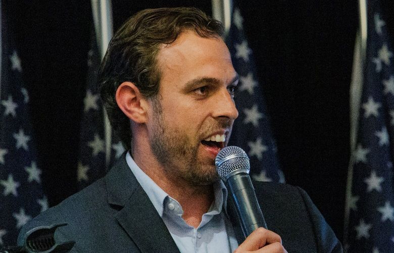 Washington GOP Chairman Caleb Heimlich speaks at the party’s Election Night Watch Party in Issaquah, WA on August 2, 2022.