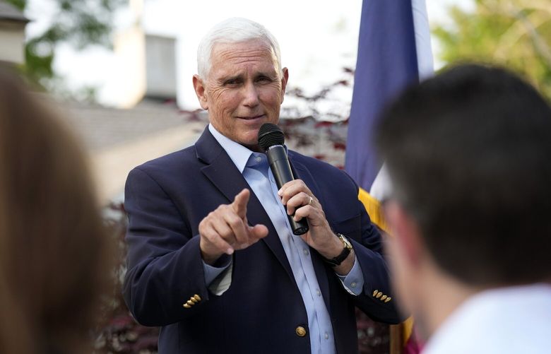 FILE – Former Vice President Mike Pence speaks to local residents during a meet and greet, Tuesday, May 23, 2023, in Des Moines, Iowa. (AP Photo/Charlie Neibergall, File) WX201 WX201