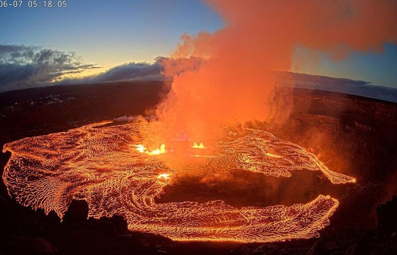 In this webcam image provided by the U.S. Geological Survey, an eruption takes place on the summit of the Kilauea volcano in Hawaii, Wednesday June 7, 2023. Kilauea, the second largest volcano in Hawaii, began erupting Wednesday morning, officials with the U.S. Geological Survey said in a statement. Kilauea, one of the world’s most active volcanoes, erupted from Sept. 2021 to Dec 2022. A 2018 Kilauea eruption destroyed more than 700 residences. (U.S. Geological Survey via AP) FX304 FX304
