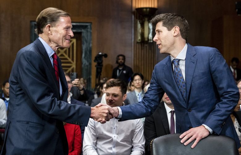 FILE — Sam Altman, right, OpenAI’s chief executive, and Sen. Richard Blumenthal (D-Conn.) at a hearing on Capitol Hill in Washington, May 16, 2023. The chief executive of OpenAI, which makes ChatGPT, has met with at least 100 U.S. lawmakers in recent months. He has also taken his show abroad. “The difference with Sam Altman is that he is having a conversation,” Blumenthal said. (Haiyun Jiang/The New York Times) XNYT0916 XNYT0916