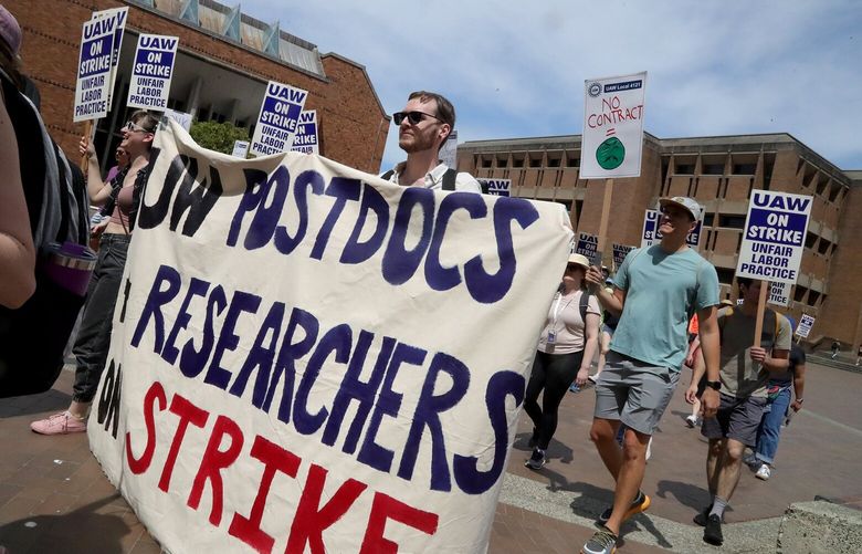 University of Washington students, postdocs, researchers and supporters gathered in Red Square for a noontime rally and strike. One of their demands is  a fair living wage for researchers and post docstudents. 224119