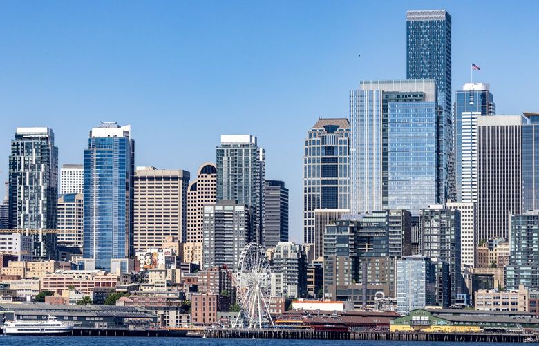 Seattle skyline as seen from the waters of Elliott Bay in Seattle, Washington on Friday afternoon on May 26, 2023.