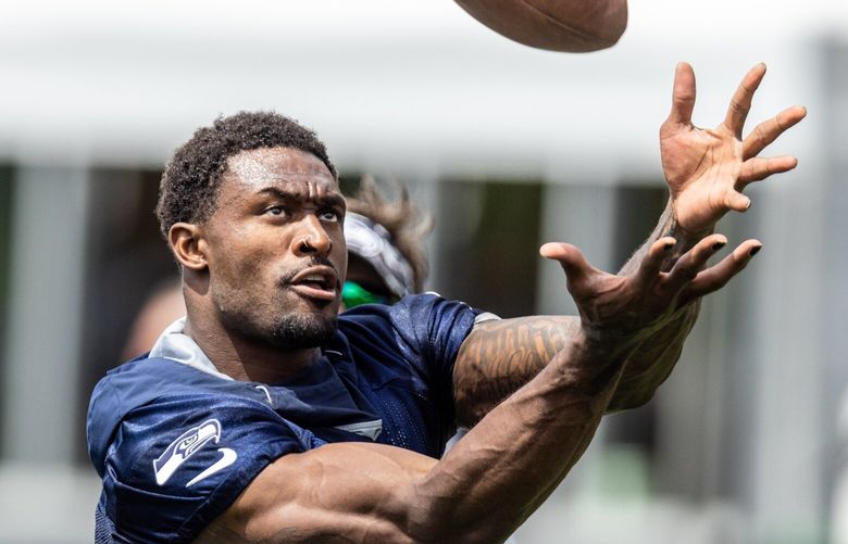 Seahawks DK Metcalf catches Wednesday  afternoon during minicamp at the Virginia Mason Athletic Center in Renton, Washington on June 7, 2023.