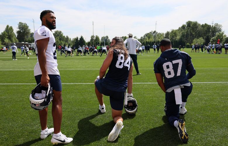 Seahawks Julian Love, left to right, Colby Parkinson and Noah Fant Wednesday afternoon after minicamp at the Virginia Mason Athletic Center in Renton, Washington on June 7, 2023.