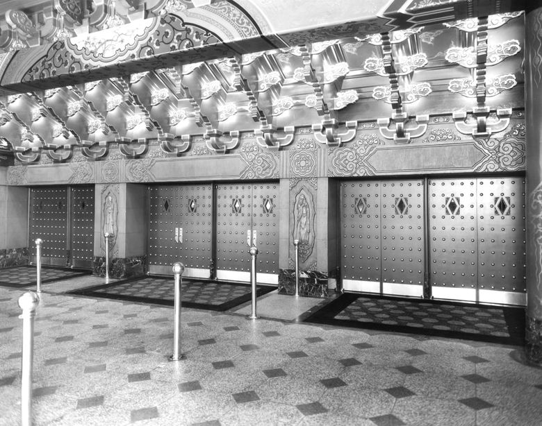 5TH AVENUE THEATRE: This is the vestibule in 1926, the year the theater was completed. Interior design was largely the work of Gustav Liljestrom, trained in China and chief designer for the Gump Company in San Francisco. (Courtesy Lawrence Kreisman) 