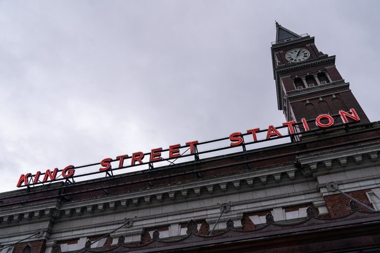 KING STREET STATION: The distinct 12-story clock tower was inspired by the San Marco bell tower of Venice, Italy. (Kylie Cooper / The Seattle Times, 2022)