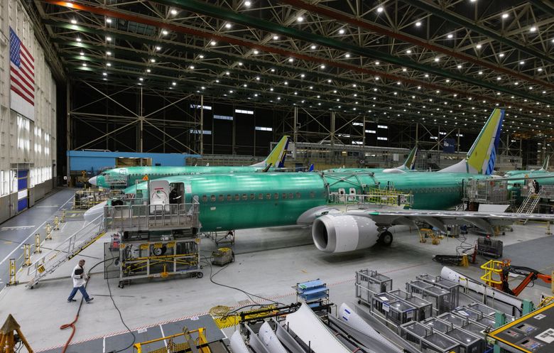 Boeing recently reopened the third 737 MAX assembly line at its Renton factory — the east assembly line is seen in the background. It plans to add a fourth MAX assembly line in Everett to gear up production once the inventory of undelivered MAXs is cleared. (Ken Lambert / The Seattle Times)