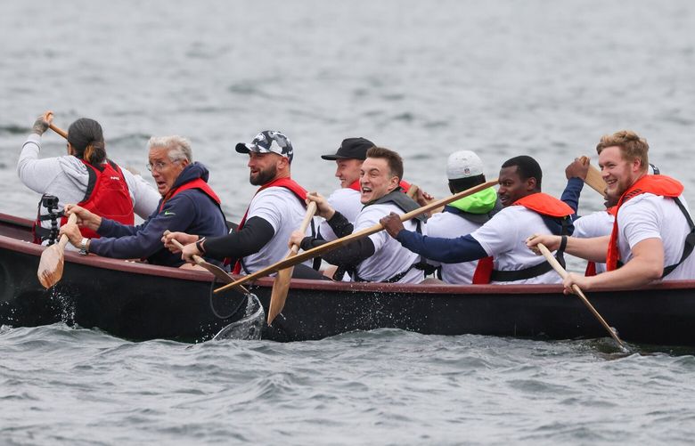 Seahawks Pete Carroll and rookies row the waters of Lake Washington Tuesday afternoon at the Virginia Mason Athletic Center in Renton, Washington on June 13, 2023.