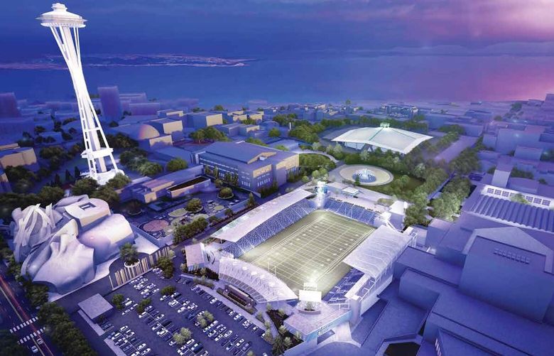 Seattle Public Schools and the city of Seattle have selected One Roof Partnership to build a new Memorial Stadium at Seattle Center. This artistic rendering is from One Roof Partnership’s proposal for the project.