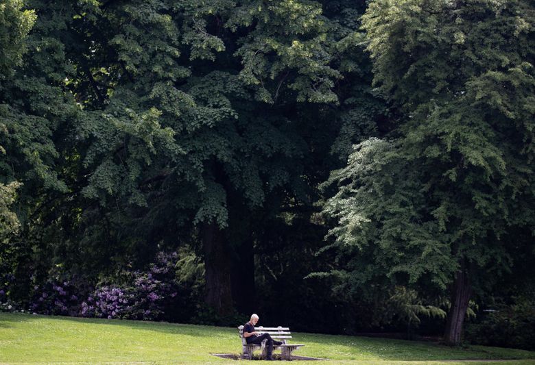 Wade Helmich sits with Günther, his 5-year-old miniature Schnauzer, in his lap Thursday at Volunteer Park in Seattle. (Luke Johnson / The Seattle Times)