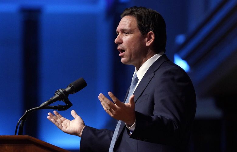 FILE – Republican presidential candidate Florida Gov. Ron DeSantis speaks during the North Carolina Republican Party Convention in Greensboro, N.C., Friday, June 9, 2023. (AP Photo/Chuck Burton, File) WX223 WX223