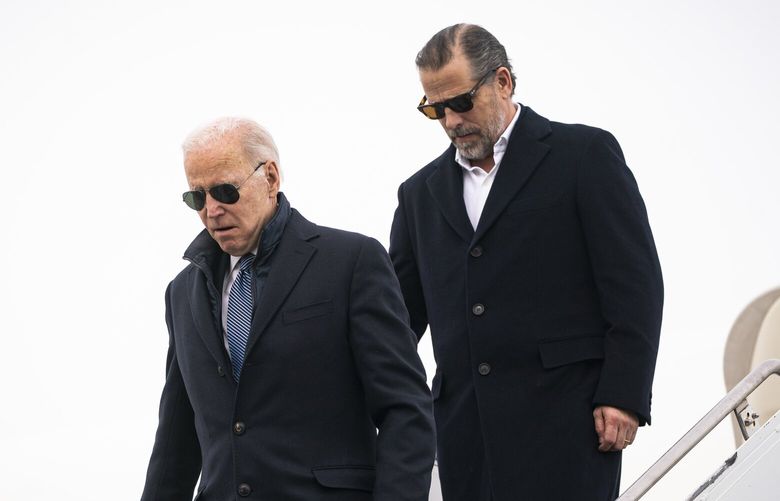 FILE — President Joe Biden and his son, Hunter Biden, arrive aboard Air Force One at Hancock Field Air National Guard Base in Syracuse, N.Y. on Feb. 4, 2023. After more than a half century in politics, no subject may be more personally painful nor politically problematic for President Biden than his troubled son, Hunter. (Al Drago/The New York Times) XNYT0489 XNYT0489
