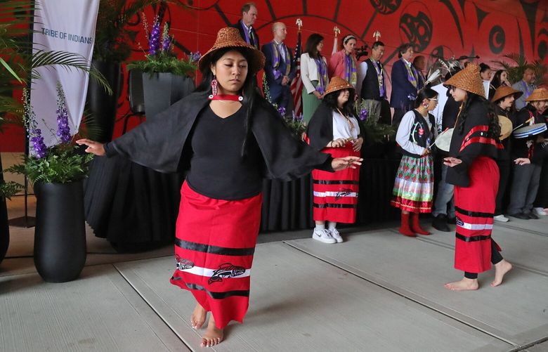Dancers and drummers from Chief Leschi Schools perform a cultural welcome of song and dance at the beginning of ceremonies at Emerald Queen Casino. The occasion was the announcement of the Puyallup Tribe’s sponsorship of the 2026 Seattle FIFA World Cup. 224231