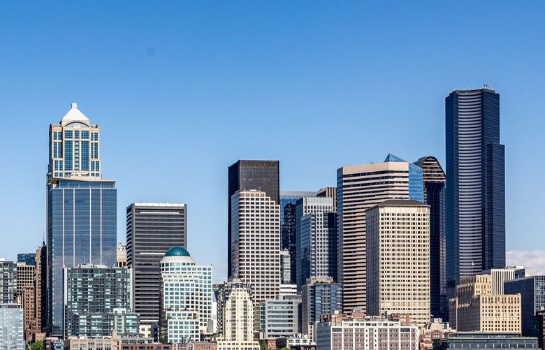 Seattle skyline as seen from the waters of Elliott Bay in Seattle, Washington on Friday afternoon on May 26, 2023.