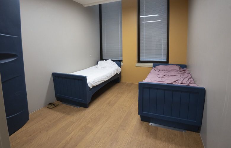 This is a two-bed bedroom at the Fort Steilacoom Competency Restoration facility, a 30-bed inpatient site next to Western State in Lakewood.  The facility is for people coming from jail (pre-trial) to have their competency restored with medication and legal education. Shot Thursday, May 25, 2023. 223986