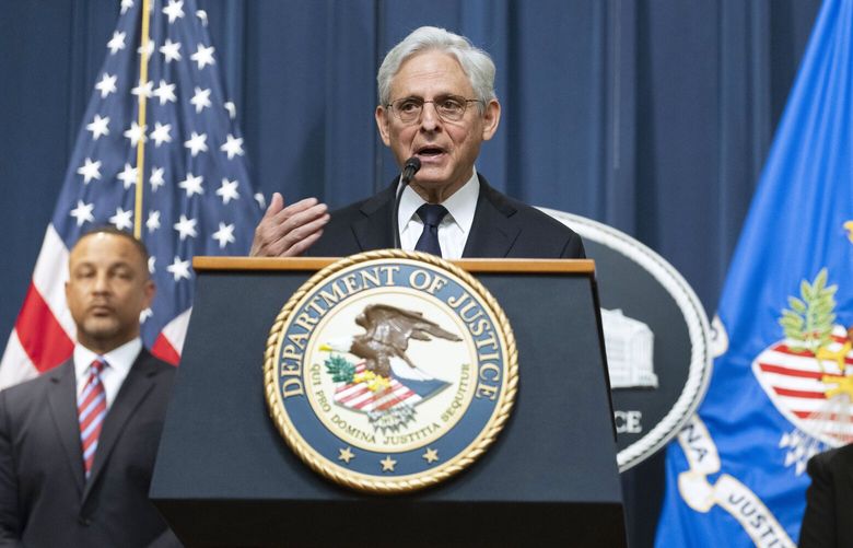 Attorney General Merrick Garland speaks at a press conference with U.S. Attorney Breon Peace, left, and Deputy Attorney General Lisa O. Monaco, right, to announce arrests and disruptions of the fentanyl precursor chemical supply chain on Friday, June 23, 2023 in Washington. (AP Photo/Kevin Wolf) DCKW106 DCKW106